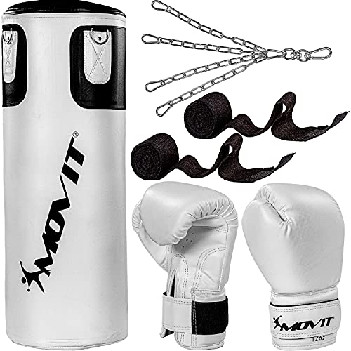 Movit® Boxsack-Set 25 kg, gefüllt, inkl. Boxsack (Höhe 80cm x Durchmesser 30cm), 12 oz Boxhandschuhe, Boxbandagen, für Erwachsene, Boxing Boxen, weiß